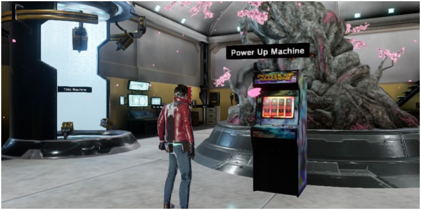 No More Heroes 3 Travis standing in front of the Power Up Machine