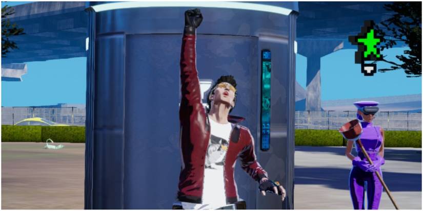 No More Heroes 3 Travis after successfully unclogging a public toilet