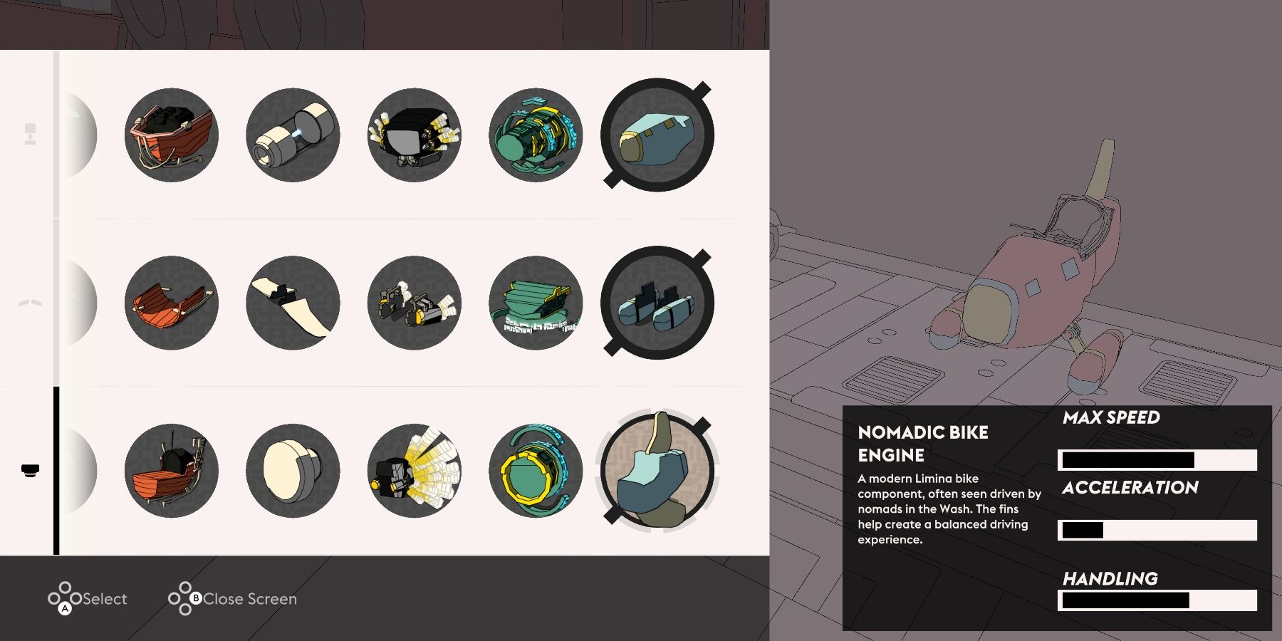 vehicle customization screen with parts on the left side and the Nomadic Set on the right