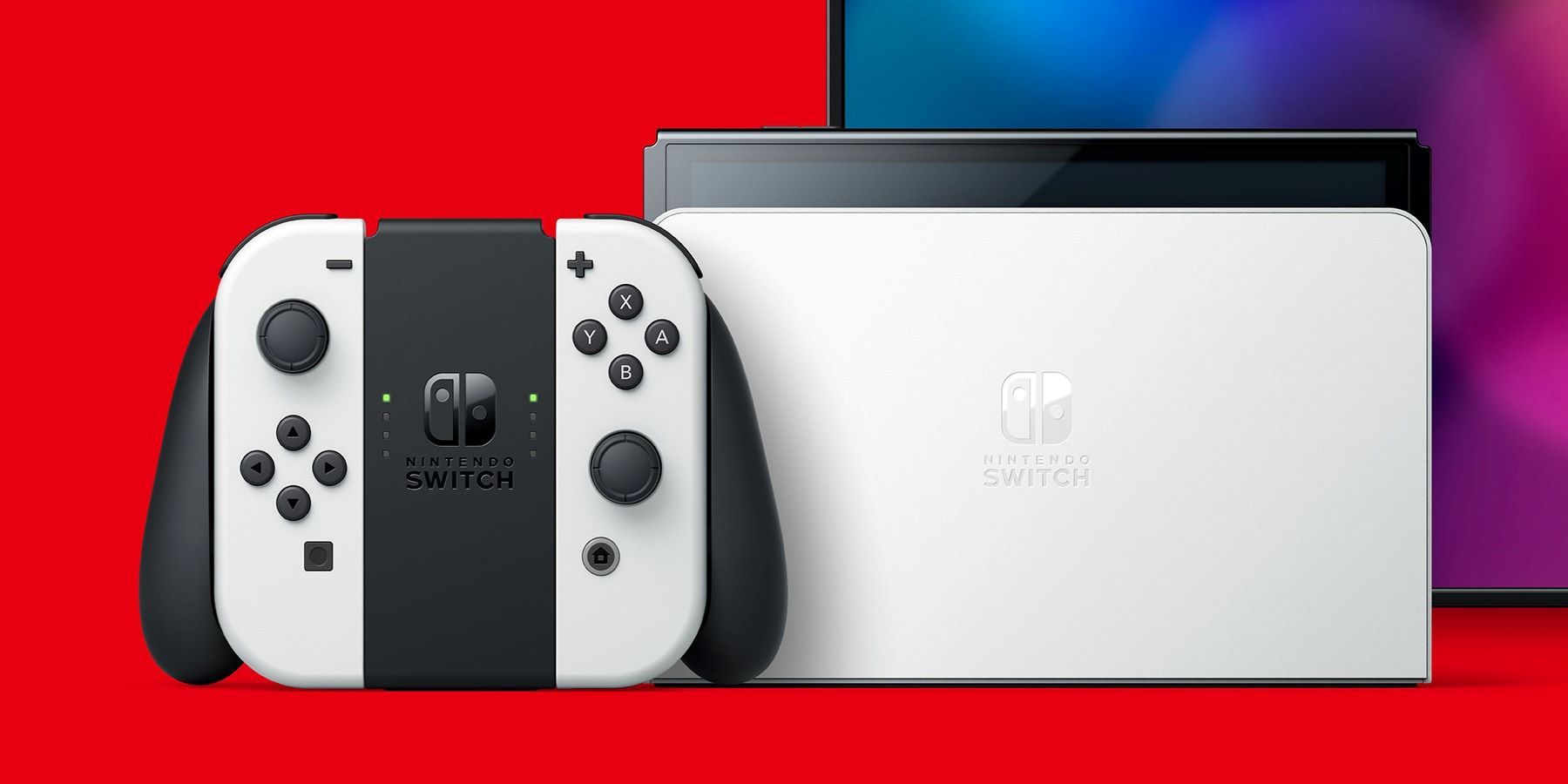 Promotional art of the Nintendo Switch OLED in front of a TV on a red background