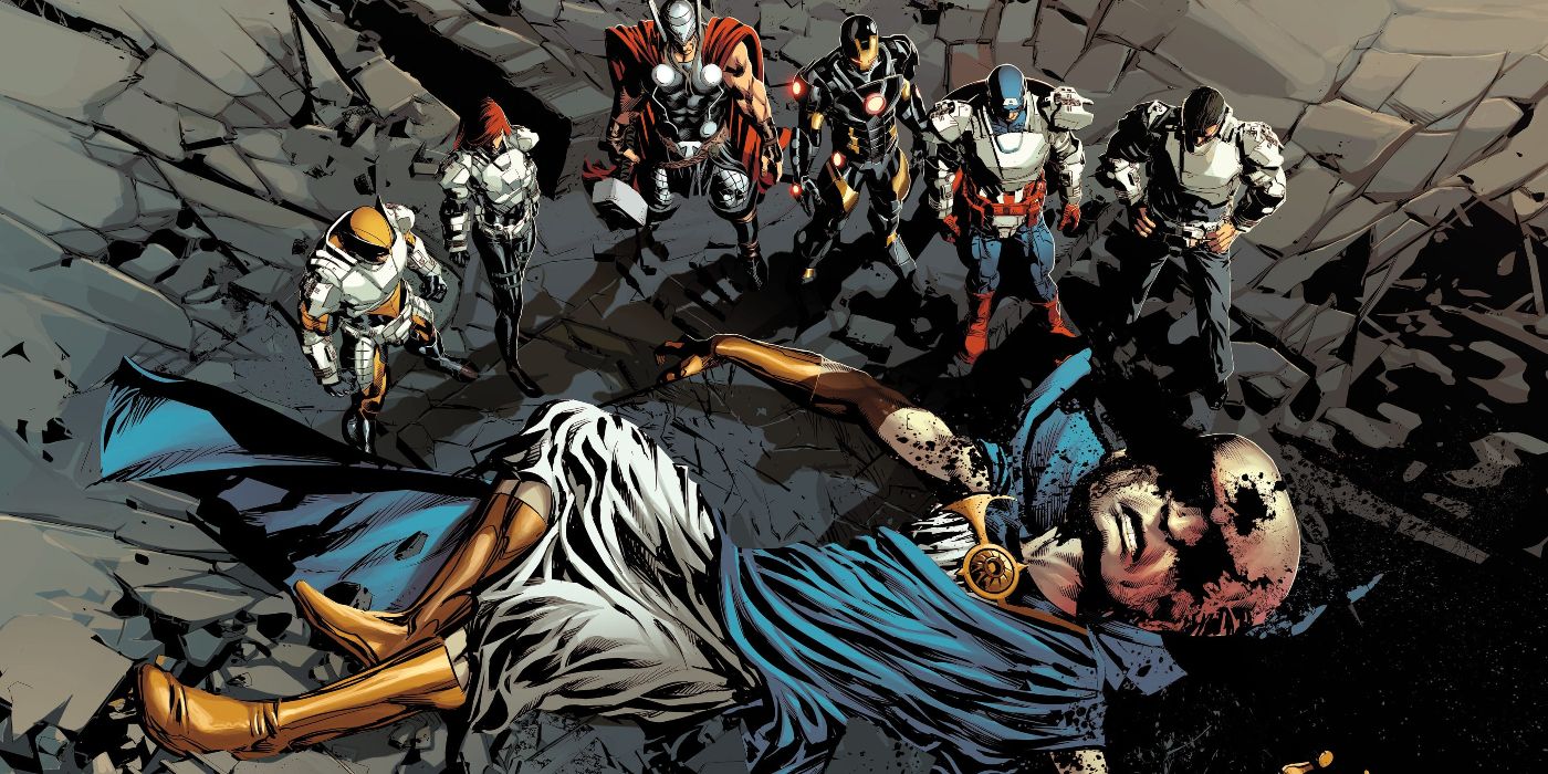 wolverine, black widow, thor, iron man, captain america, and nick fury standing over the watcher's dead body