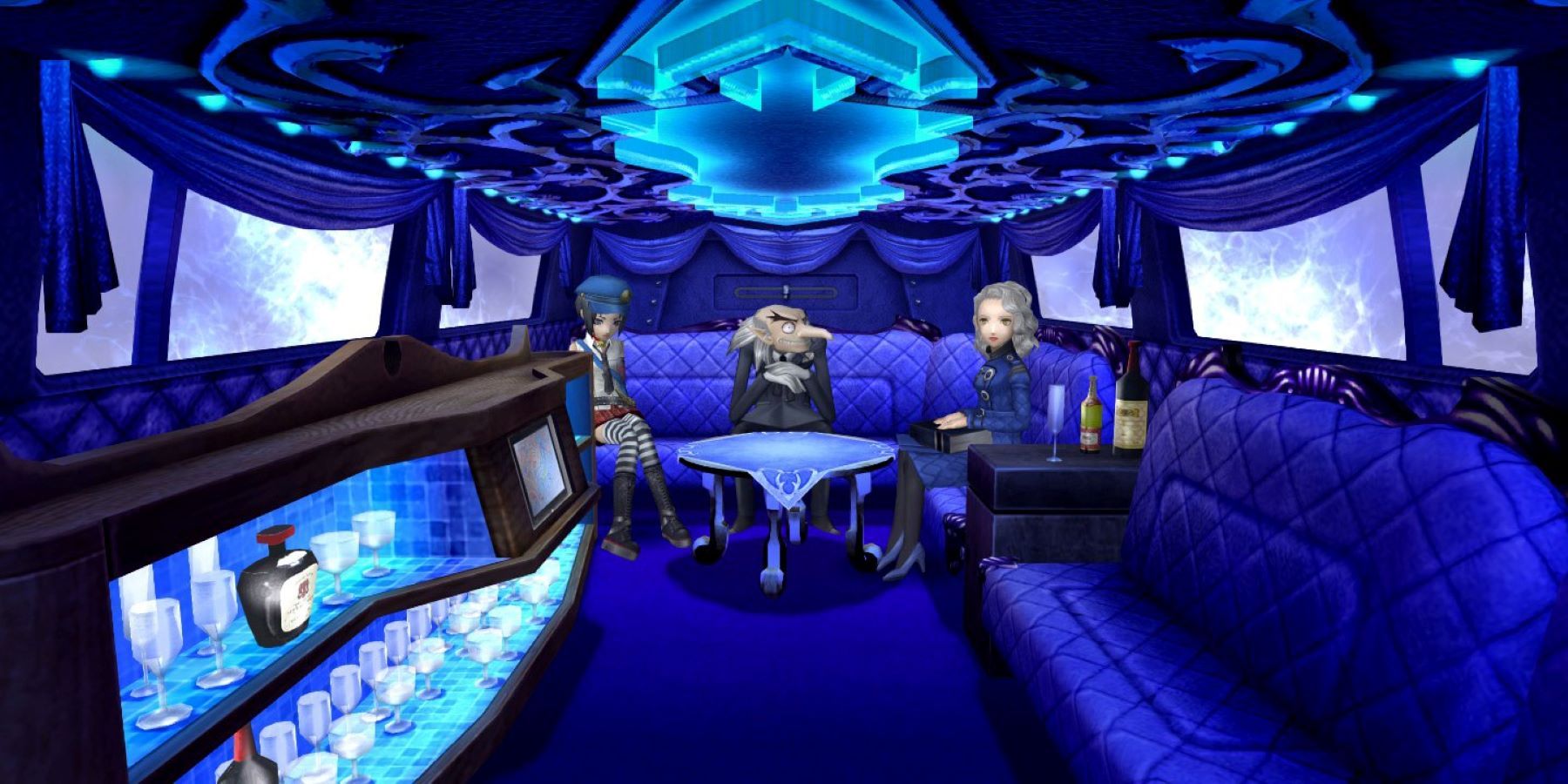 Igor, Marie, and Margaret sitting in the Velvet Room in a Persona 4 Golden cutscene