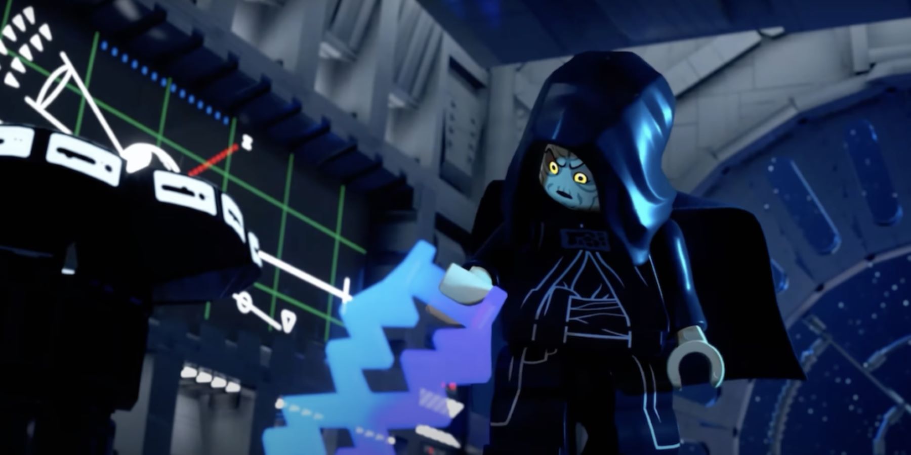 Emperor Palpatine looking in confusion at a LEGO lightning prop in LEGO Star Wars: The Skywalker Saga