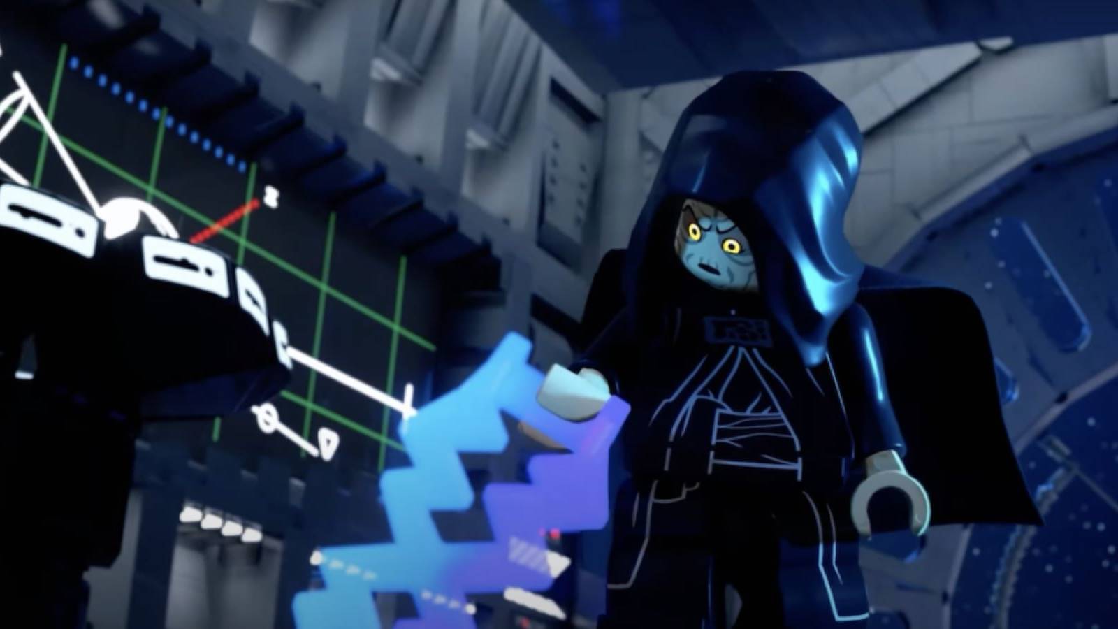 Emperor Palpatine looking in confusion at a LEGO lightning prop in LEGO Star Wars: The Skywalker Saga