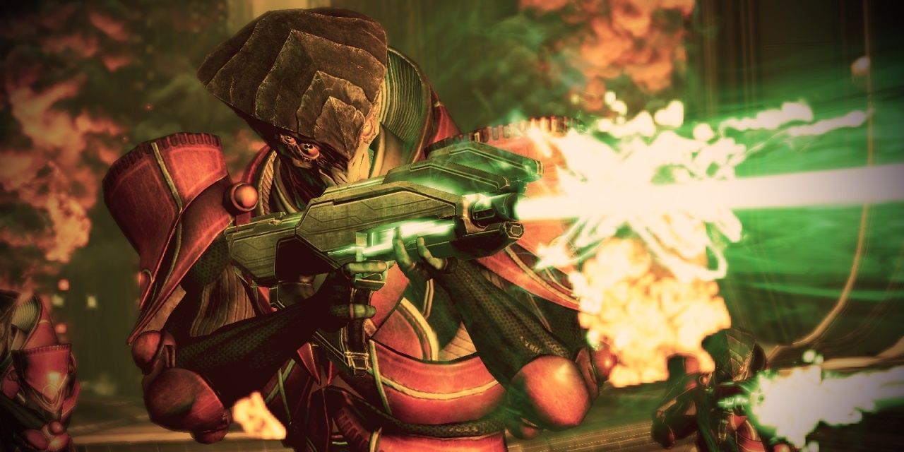 Prothean Firing A Particle Rifle From Mass Effect 3