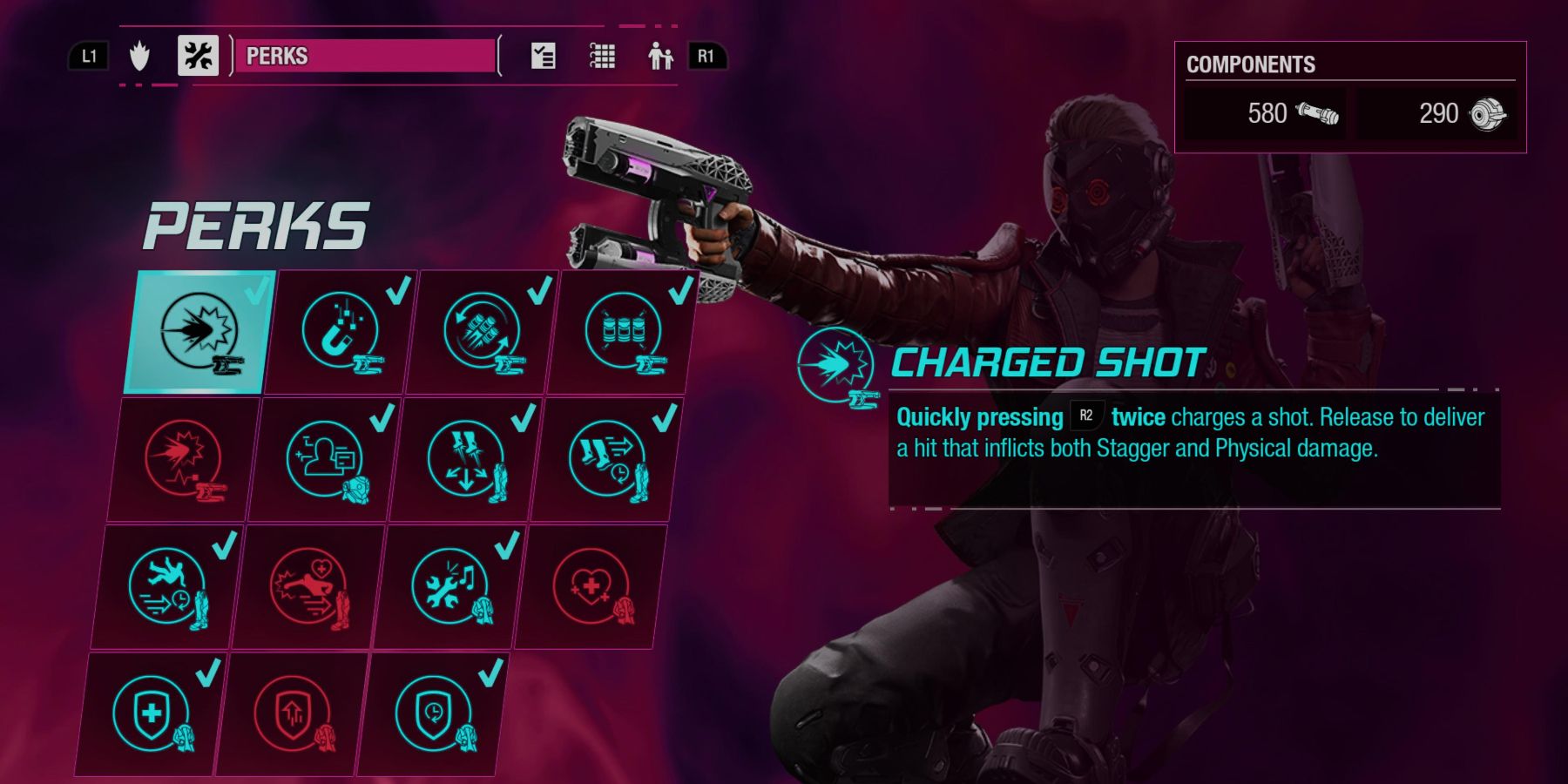 menu screen for star lord's gear perks with the charge shot selected and detailed 