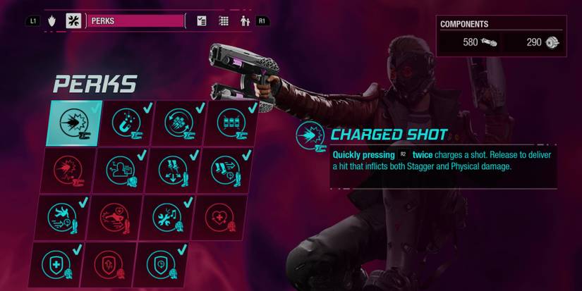 menu screen for star lord's gear perks with the charge shot selected and detailed 