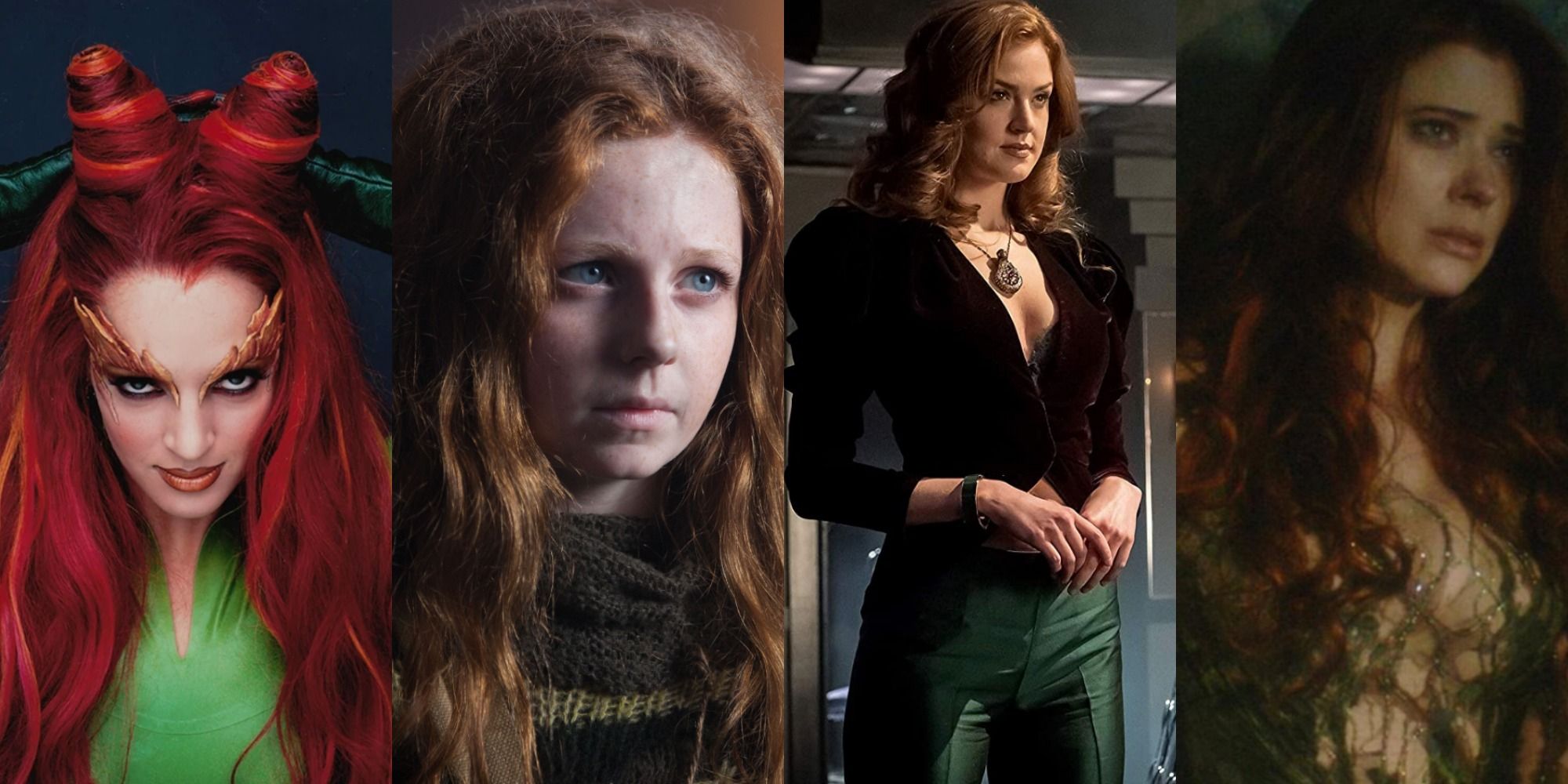 A split image depicts Poison Ivy as she appears in live action in Batman & Robin and Gotham