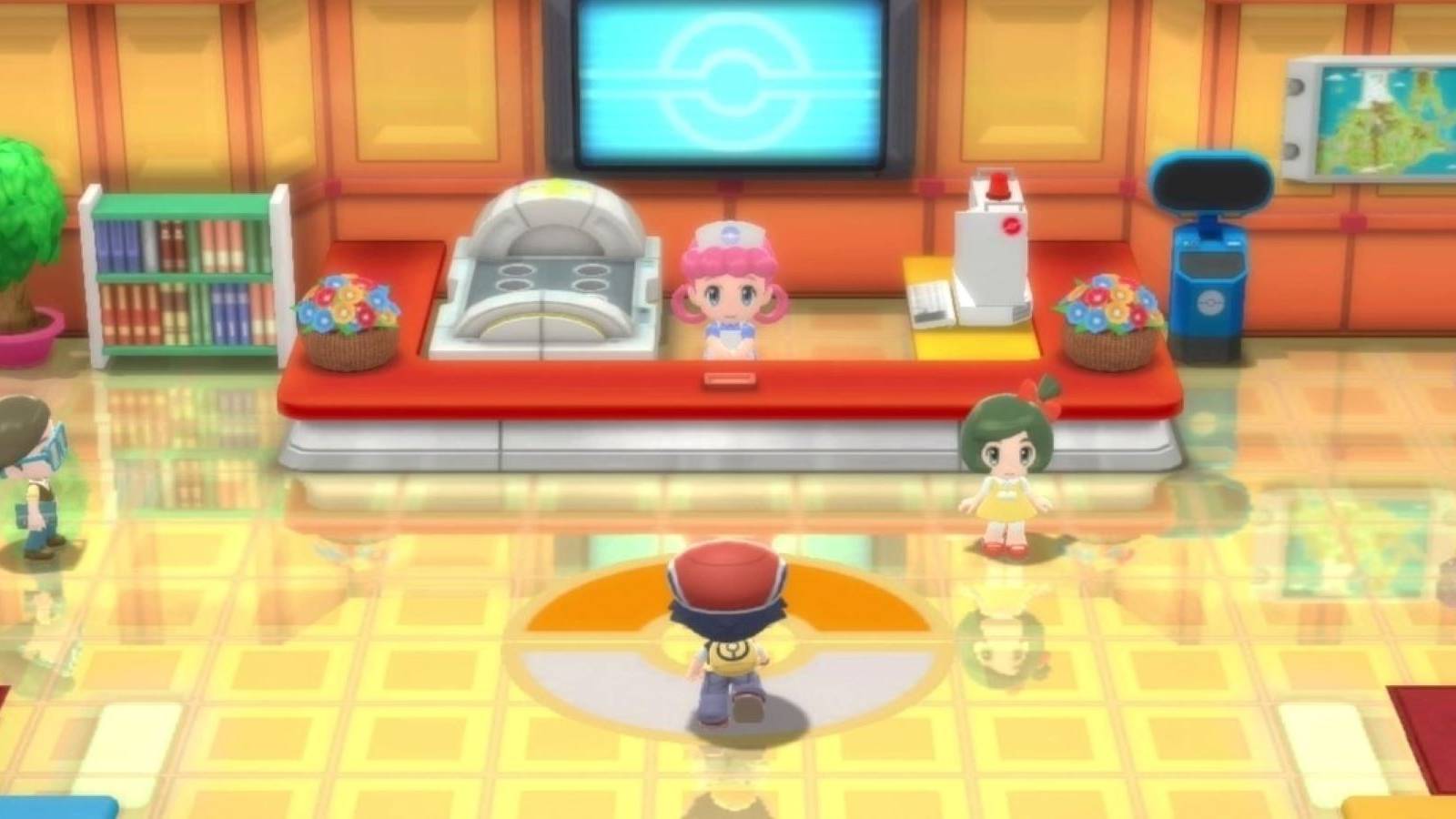 The player approaching Nurse Joy in a Pokemon Center from Pokemon Brilliant Diamond and Shining Pearl