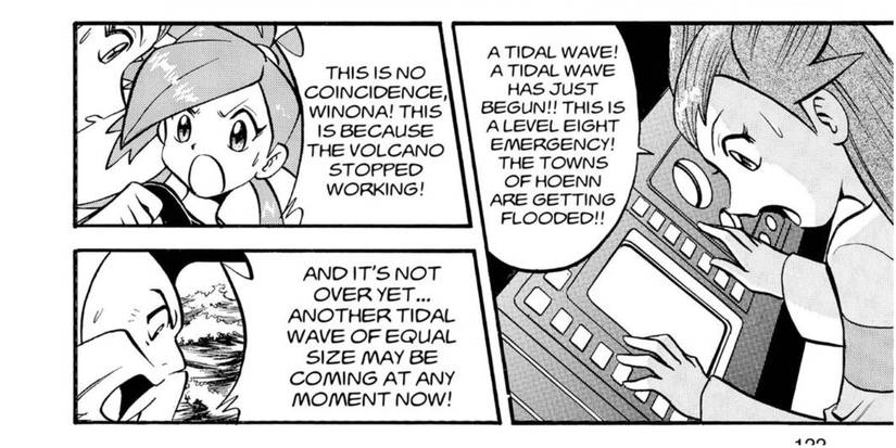 Pokemon Adventures Winona Flannery and Wattson discussing Kyogre's floods