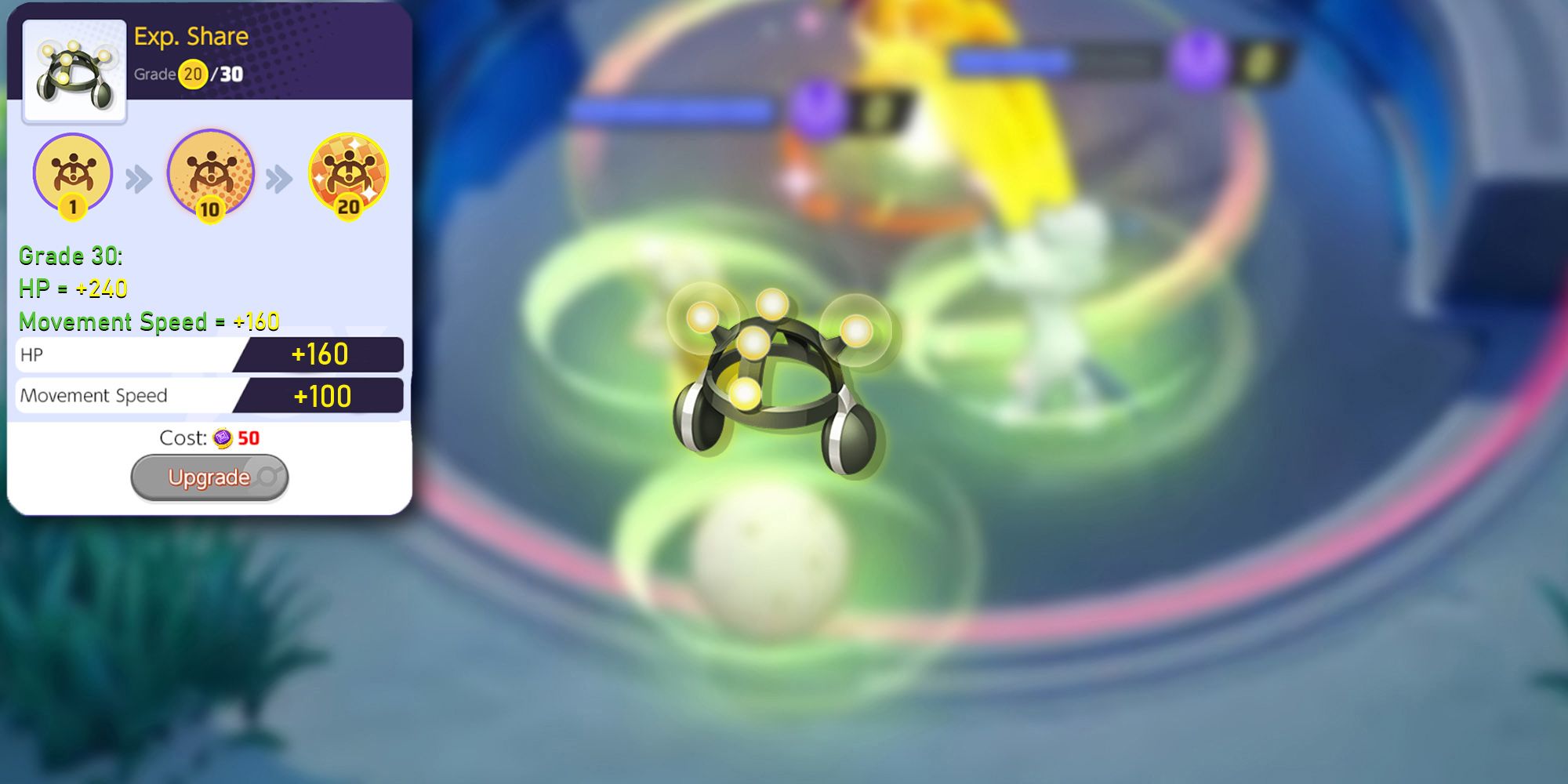 Pokemon Unite - PNG and Cutout of EXP Share Overlaid On Blurred Image Of Eldegoss Using Abilities Near Zapdos