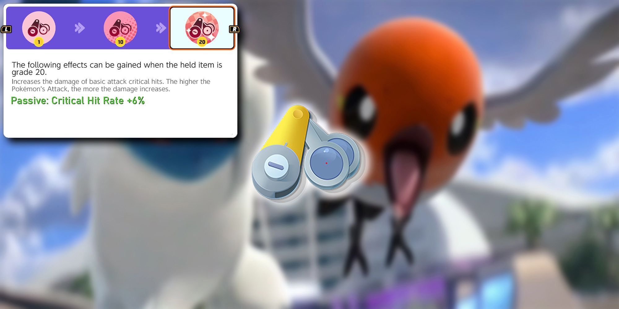 Pokemon-Unite-Scope-Lens-Held-Item-PNG-Overlaid-On-Image-Of-Absol-Chasing-Down-A-Fletchling-In-One-Of-The-Trailers