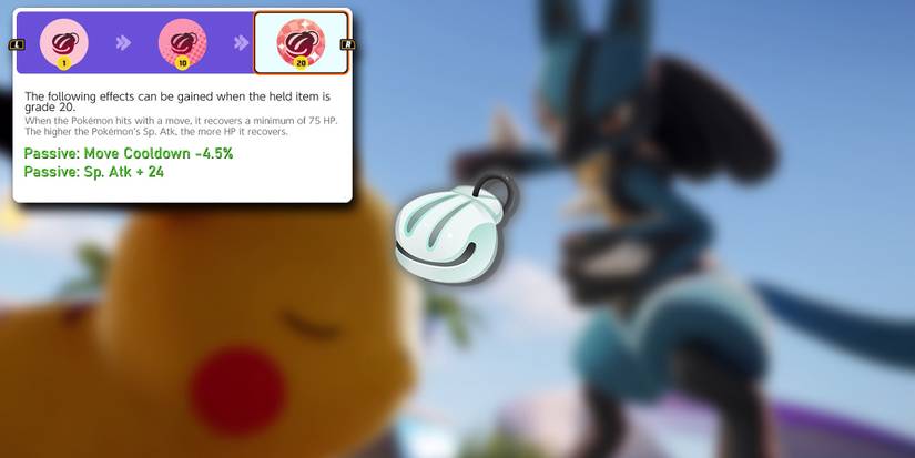 Pokemon-Unite-Shell-Bell-Held-Item-PNG-Overlaid-On-Image-Of-Lucario-About-To-Use-A-Move-On-A-Defenseless-Pikachu