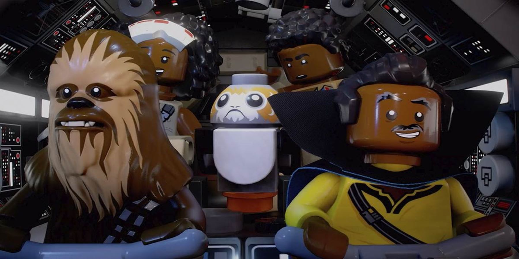 Lando Calrissian, Chewbacca, Finn, Jannah, and a Porg sitting in the Millennium Falcon's cockpit in LEGO Star Wars: The Skywalker Saga