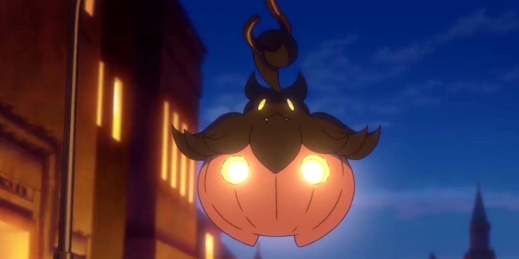 A Pumpkaboo hanging from a hook like a lantern in the Pokemon: Twilight Wings anime
