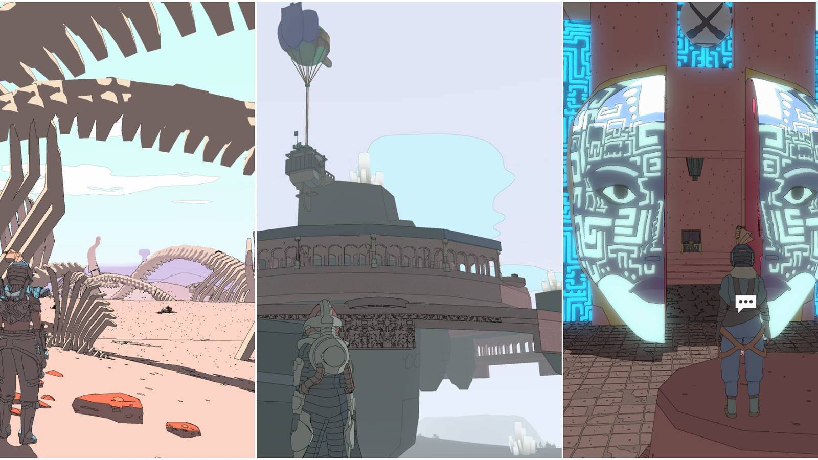 Sable in front of field of giant dragon spines; in front of a floating, ancient tower; in front of an open door shaped like a face