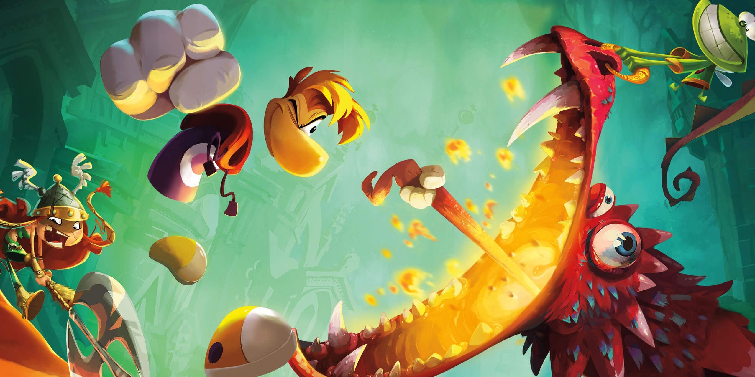 Rayman and friends beating up an enemy on the Rayman Legends cover art