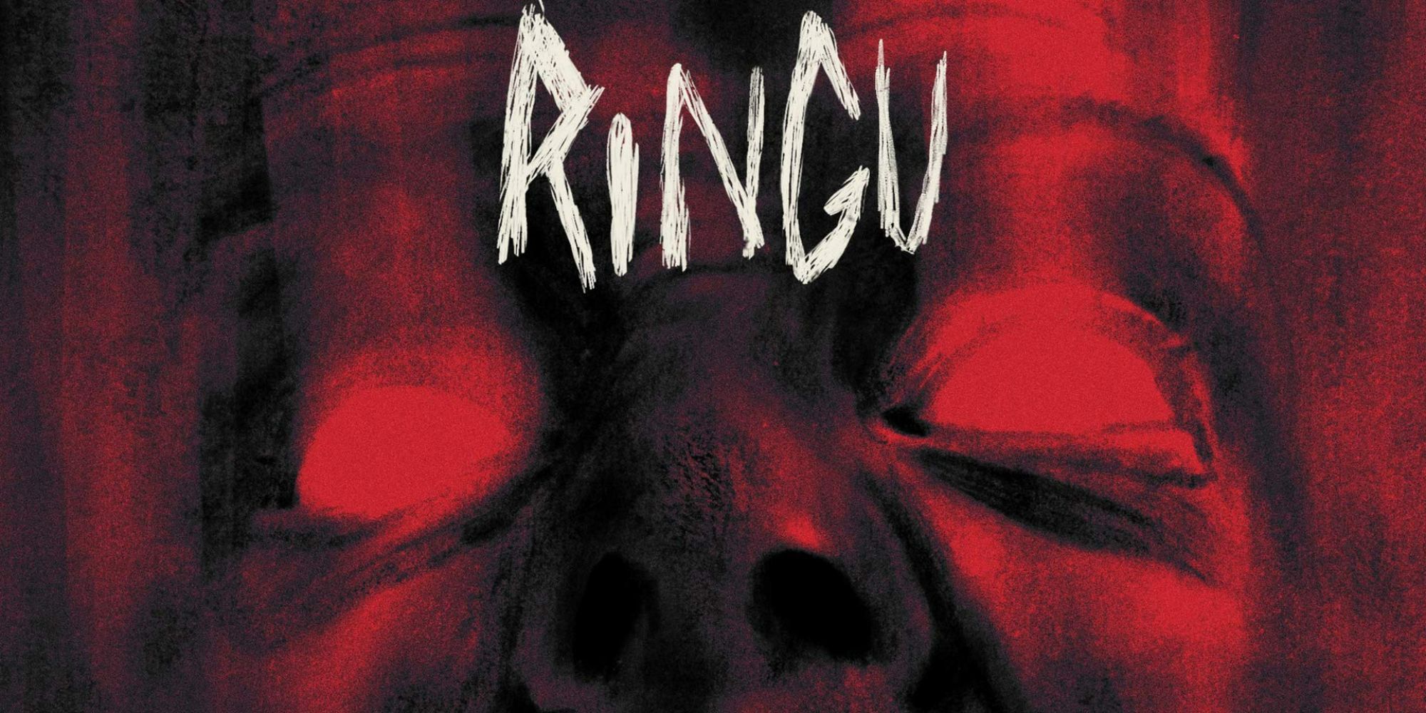 The title card for Ringu, a close-up on a red face