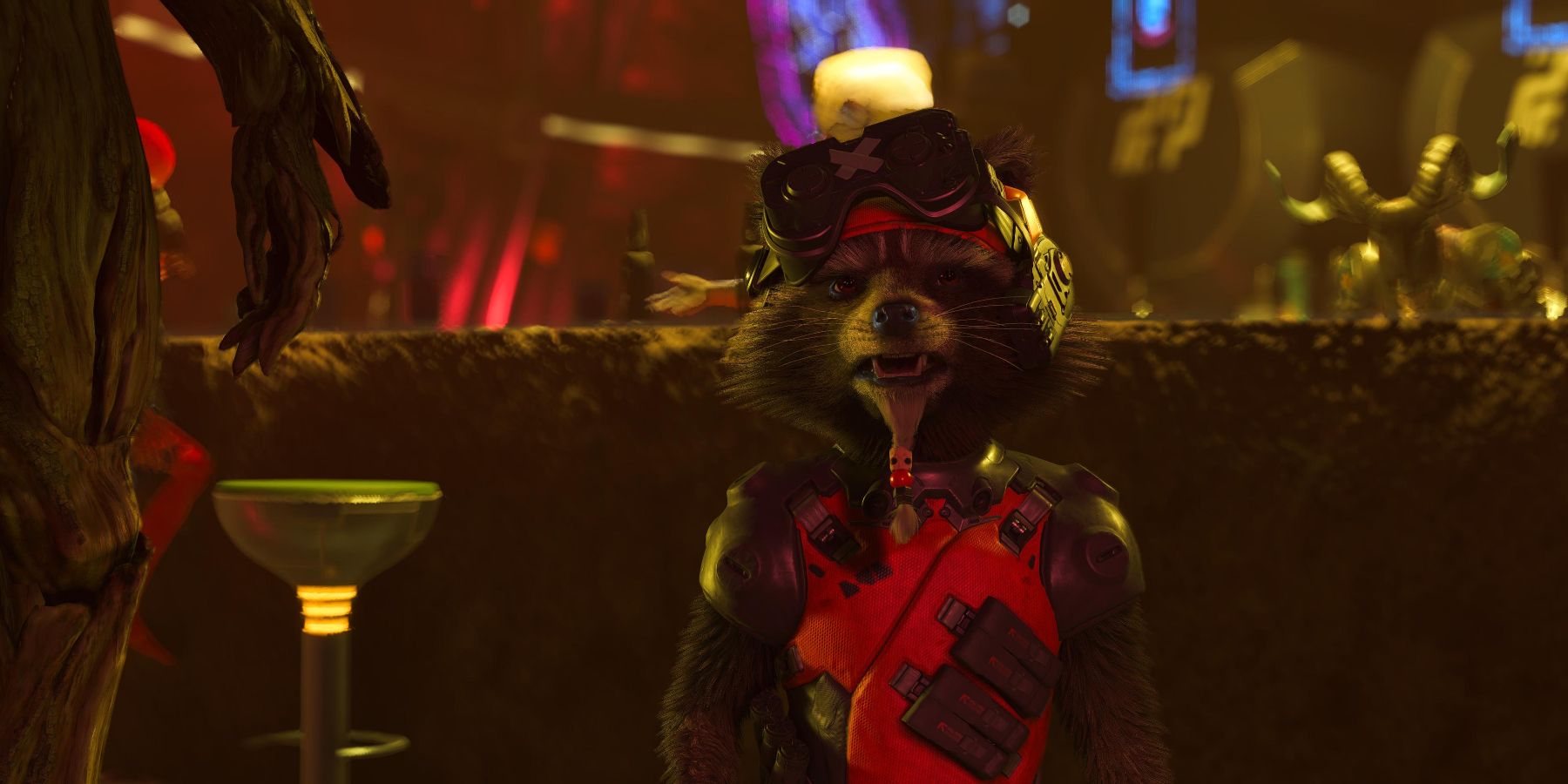 A racoon wearing a west and goggles in a bar