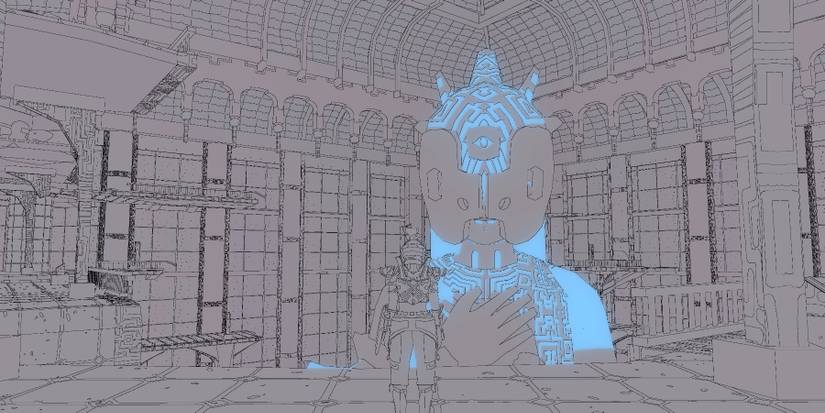 Ancient temple with a large, masked statue of a woman with glowing, blue runes on her skin