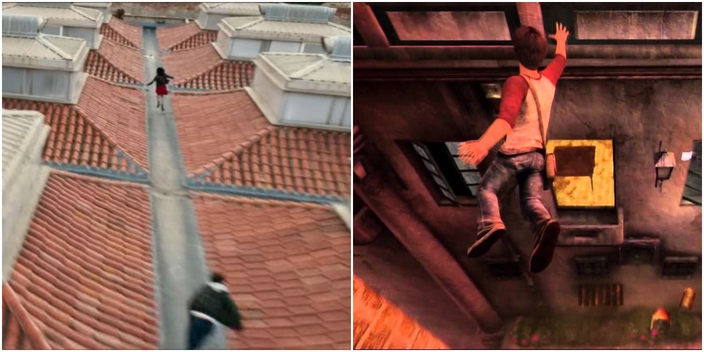 The rooftop chase in Uncharted and Drake's Deception