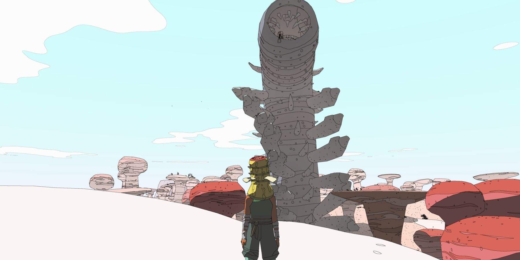 Sable in a tan, wormlike mask with spikes on its neck standing in front of a large, stone statue of a similar looking worm