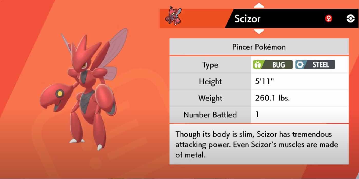 The Pokedex screen for Scizor in Pokemon Sword and Shield