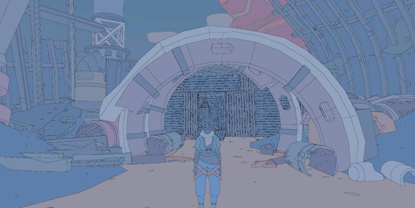 Sable standing in a gray, wrought-iron mask surrounded by scrap metal