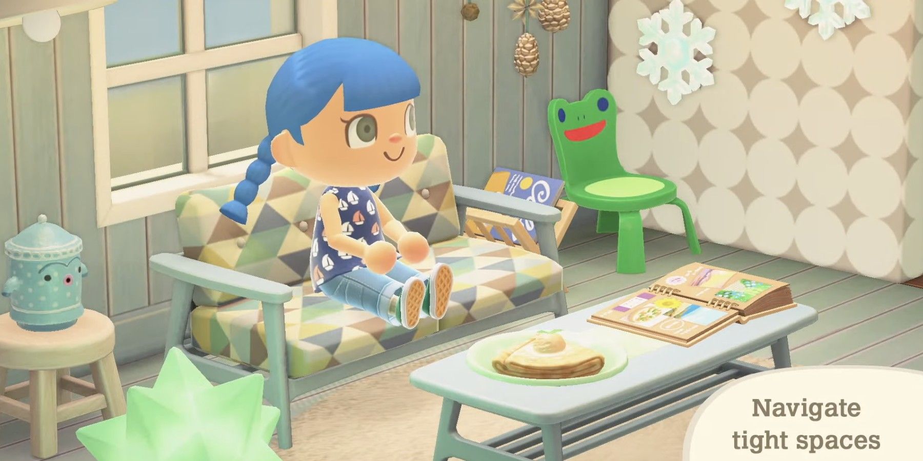 Character sitting in room with froggy chair in the corner. 