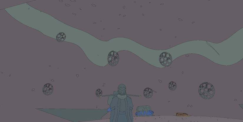 Sable in the a creepy mask with many eyes standing in a cave with symbols on the walls