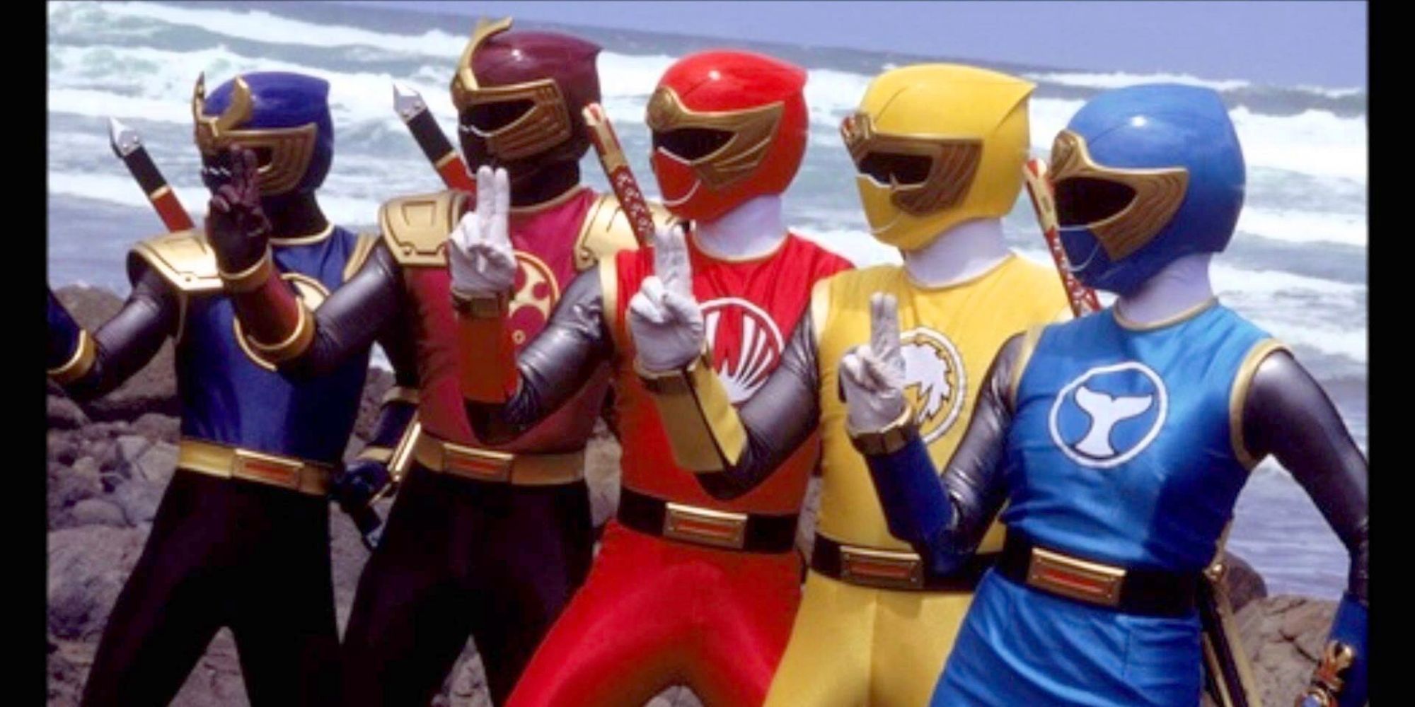 The Rangers posing by the ocean in Power Rangers: Ninja Storm