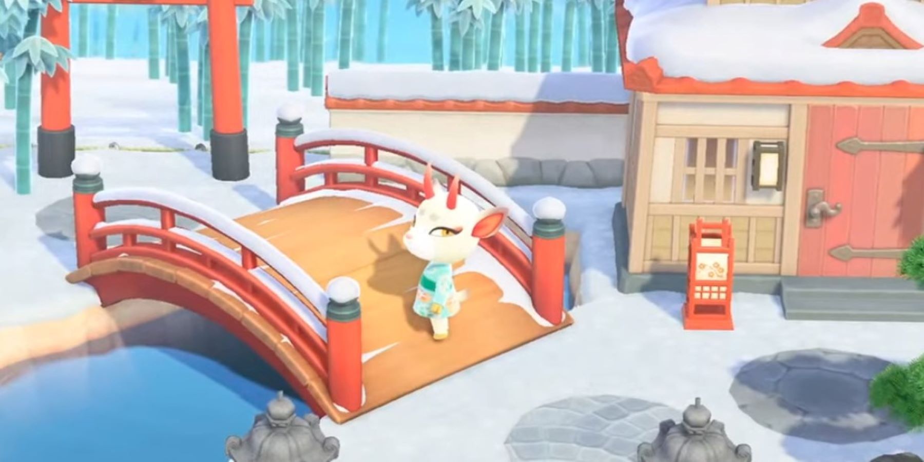 Shino standing on a Japanese style bridge and looking at the camera in the Animal Crossing: New Horizons final update trailer