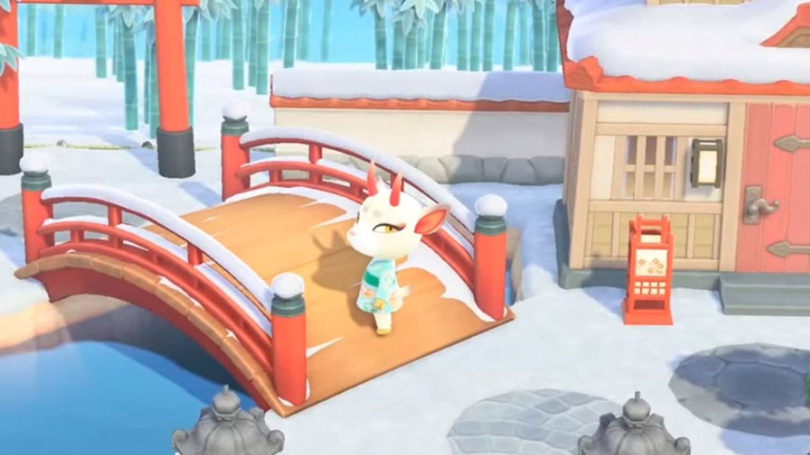 Shino standing on a Japanese style bridge and looking at the camera in the Animal Crossing: New Horizons final update trailer