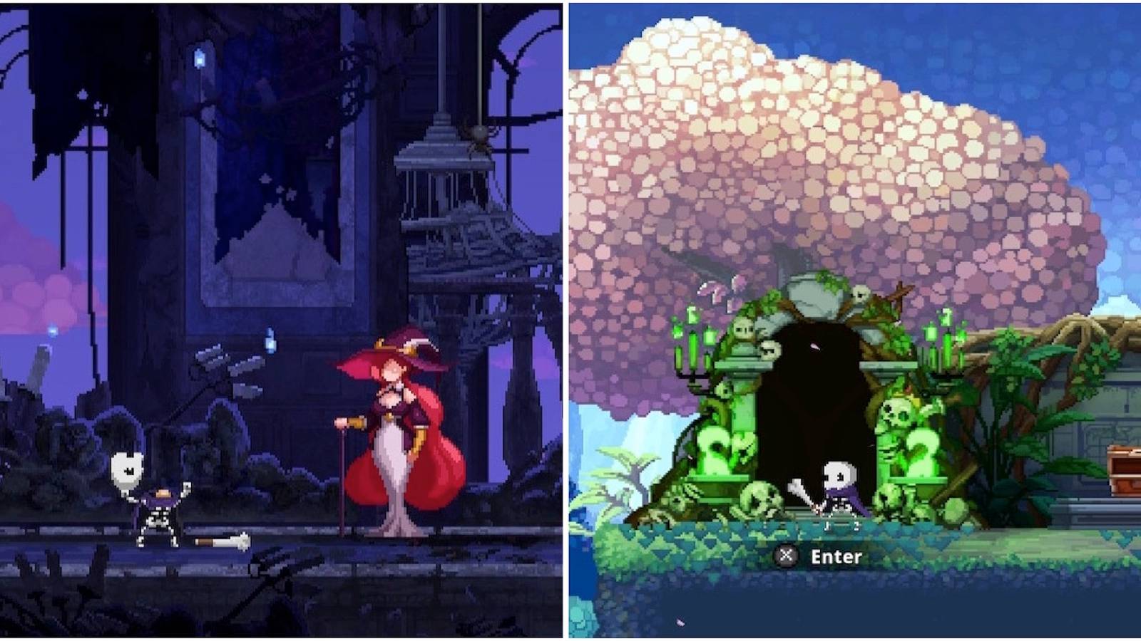 Fighting enemies and the subspace shop area from Skul: The Hero Slayer