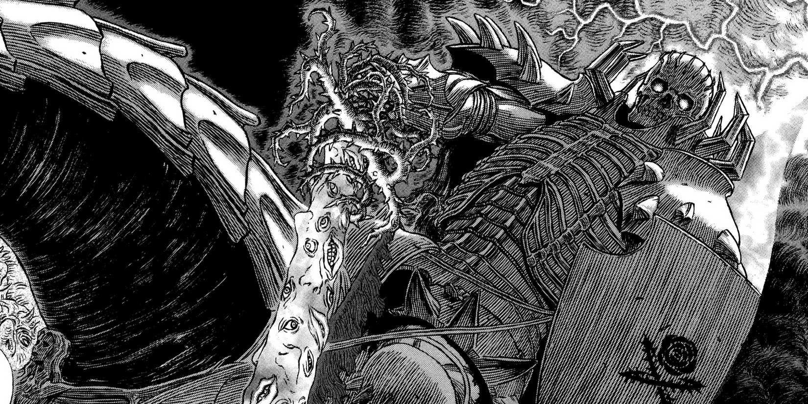 Skull Knight pointing sword at Femto