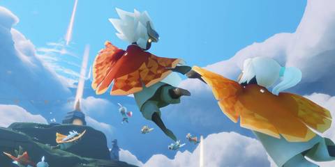 Sky-children-of-the-light-mobile-game-characters-flying-through-sky-towards-shrine