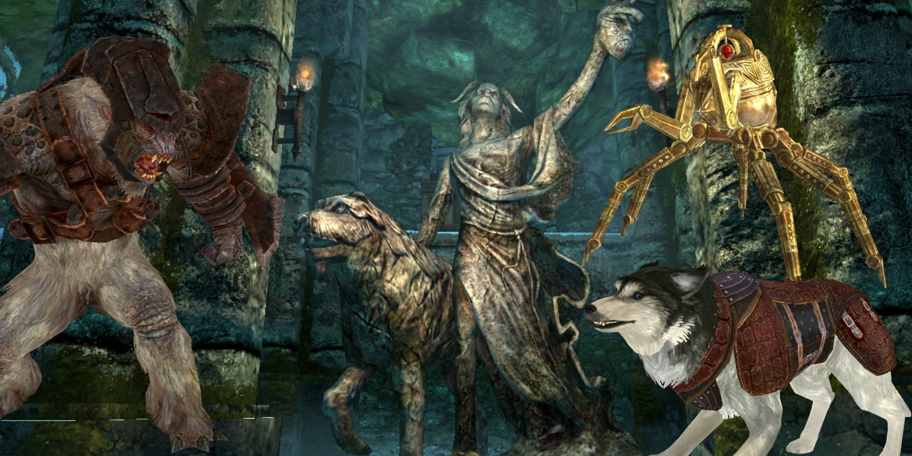 Skyrim Non-Human Followers Feature Image Barbas Armored Troll Bran And Steadfast Dwarven Spider