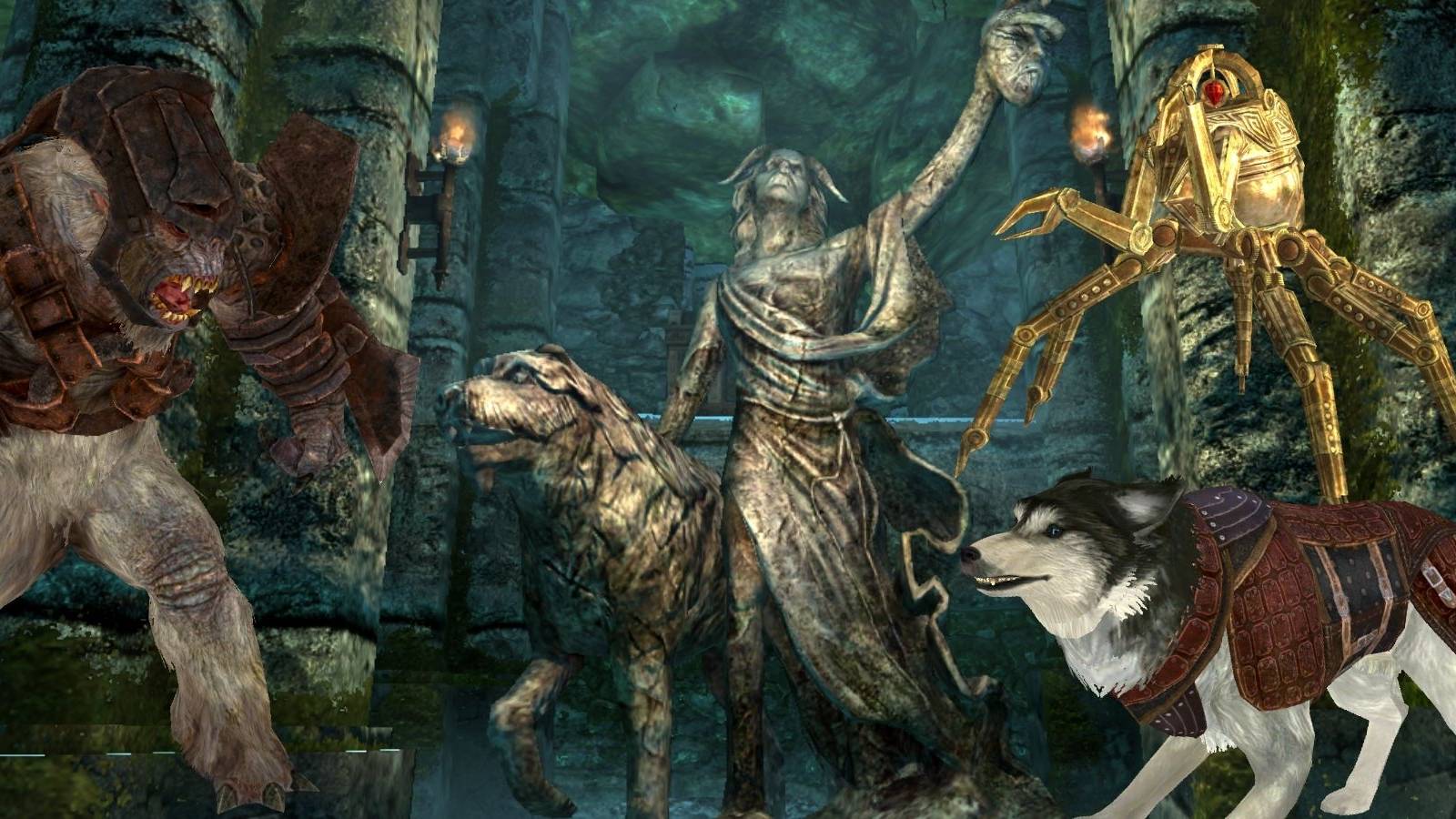 Skyrim Non-Human Followers Feature Image Barbas Armored Troll Bran And Steadfast Dwarven Spider