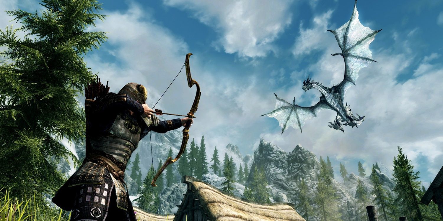 The Dragonborn fighting a dragon in The Elder Scrolls V: Skyrim