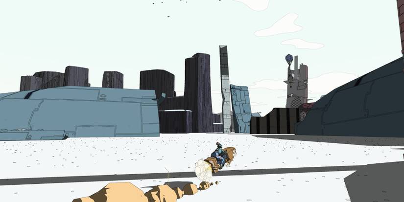 Sable riding her jetbike toward large pieces of wrecked spaceship hull