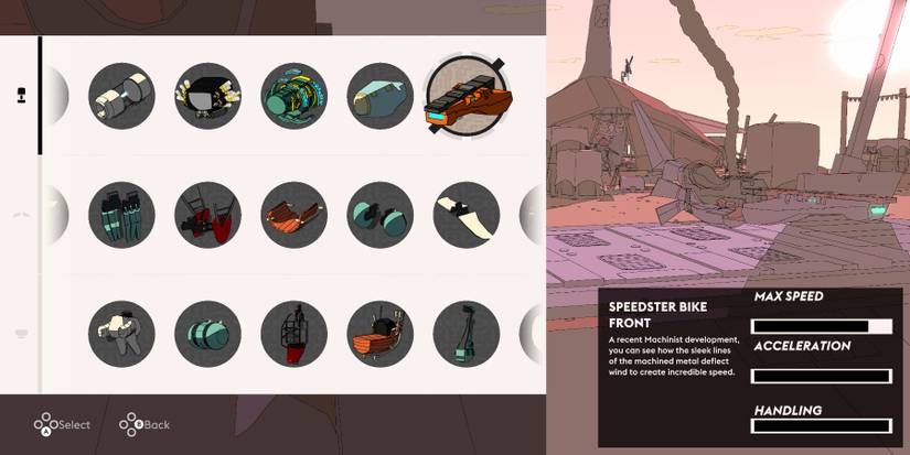 vehicle customization screen with parts on the left side and a sleek, metallic hoverbike on the right