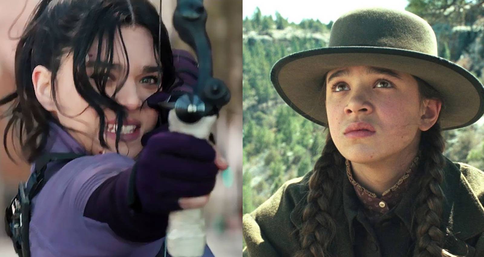 Split image of Hailee Steinfeld as Kate Bishop in Hawkeye and Mattie Ross in True Grit