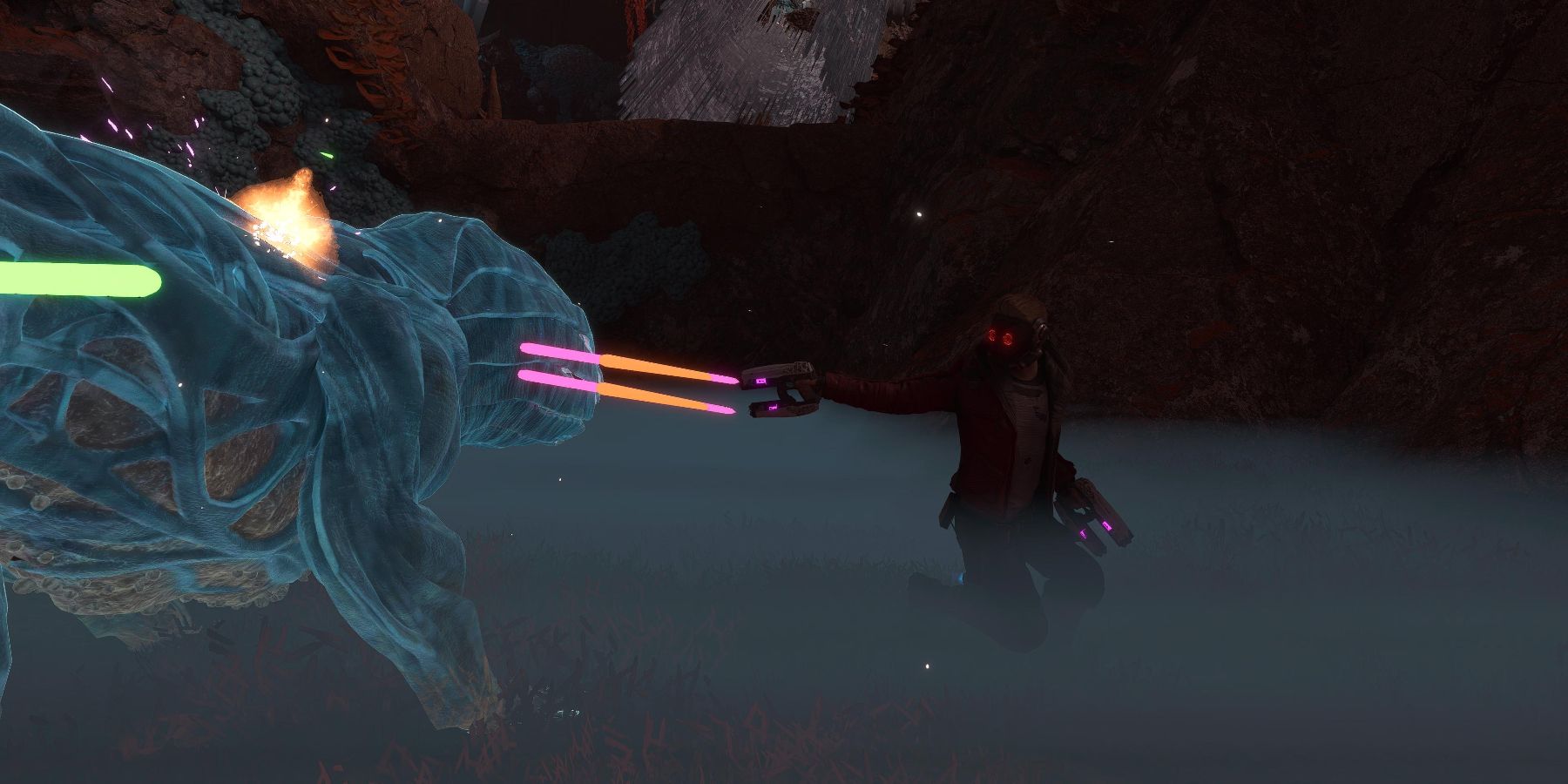 Star-Lord firing his guns close range at a blue tinted monster