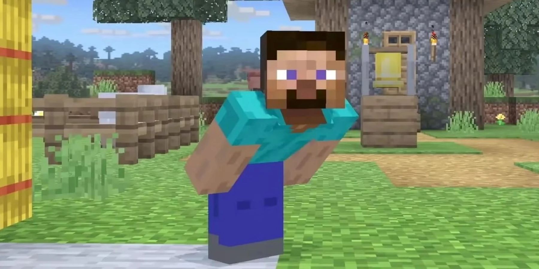 Minecraft's Steve crouching on the Minecraft stage in Super Smash Bros. Ultimate