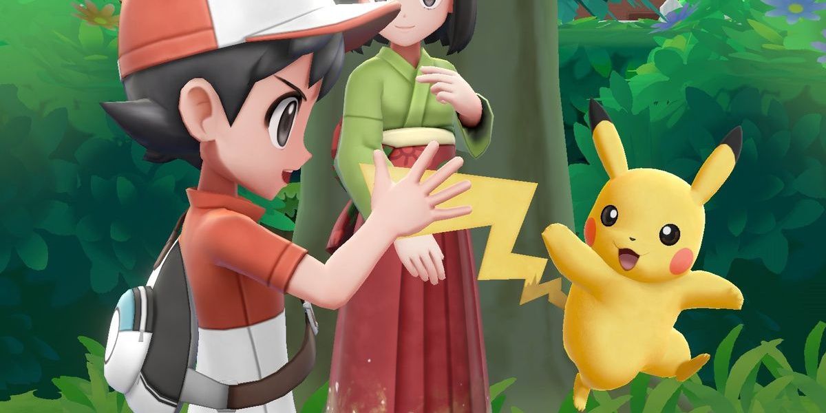 Pikachu and the player waving at each other in Pokemon: Let's Go!