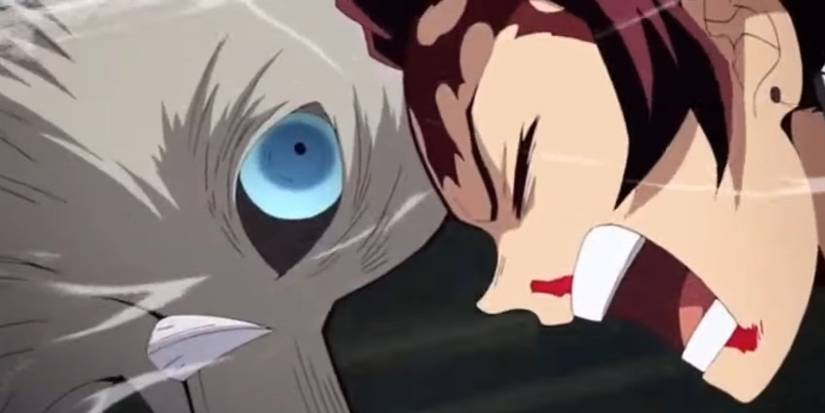 Tanjiro headbutting Inosuke in Demon Slayer