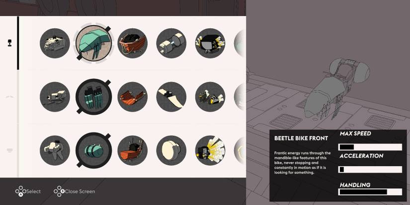 The jetbike customization screen with the Beetle Set in the window to the right