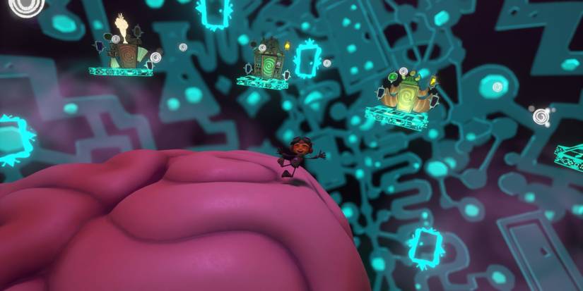 Raz jumping gleefully on a giant brain in front of three floating doors