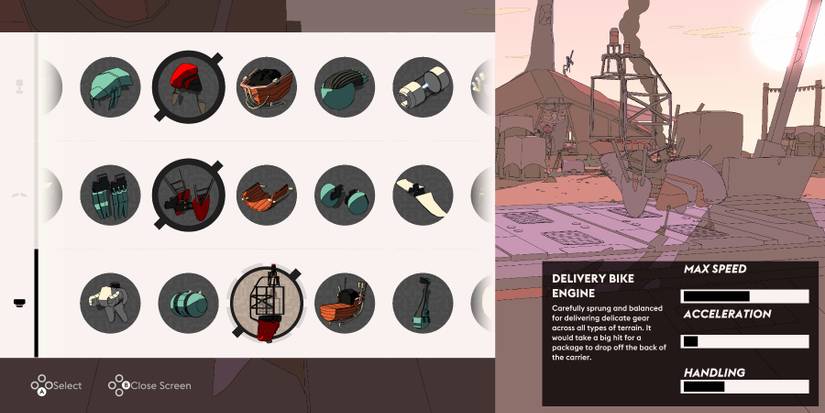 A vehicle customization screen with various parts on the right and the Delivery Bike Set in the right window