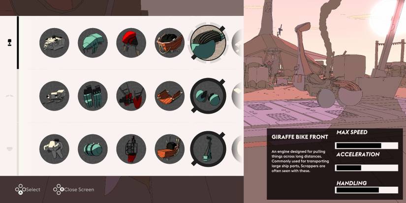 A vehicle customization screen with various parts on the left and the current jetbike build in the right hand window